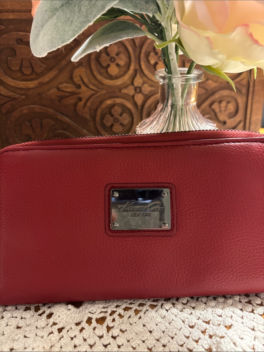 Kenneth Cole NY Burgundy Red Leather Zip Wallet/ wristlet